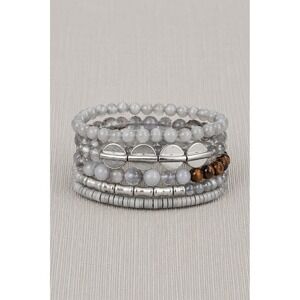Grey Beaded Stretch Bracelet Stack Silver Tone Tiger Eye Accent 5 Piece Set Boho